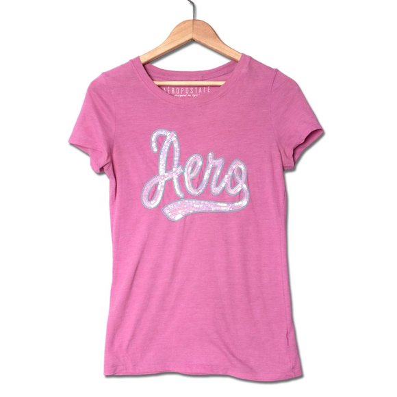 Aeropostal Retro Sequin T-shirt Short Cap Sleeves Top Stretch Glitter Girly Pink - Picture 1 of 6